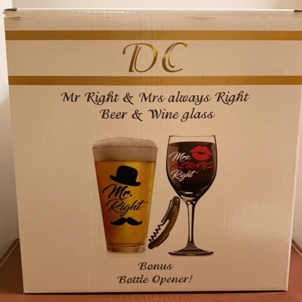 NIB “Mr. Right & Mrs. ALWAYS Right” beer and wine glass-includes bottle opener